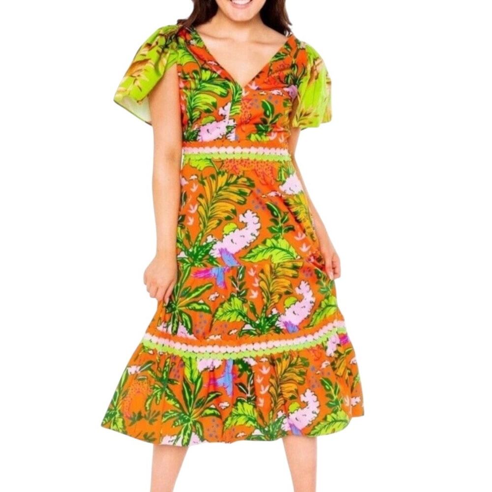 Alden Adair Midi Dress Diana in Jungle Cruise Tropical Flutter Sleeve Large